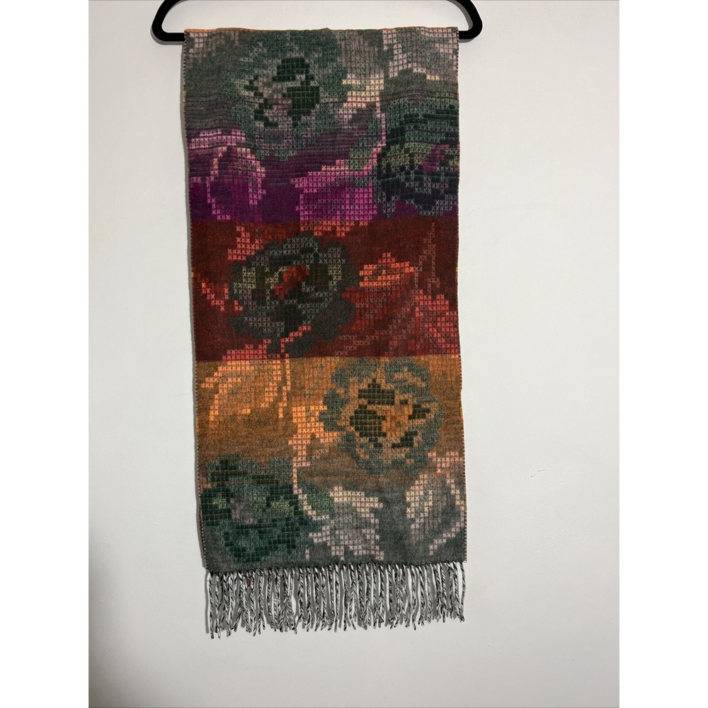NWT Cashmink Scarf Fraas Cross Stitch Pixelated Floral Print Fringe Soft